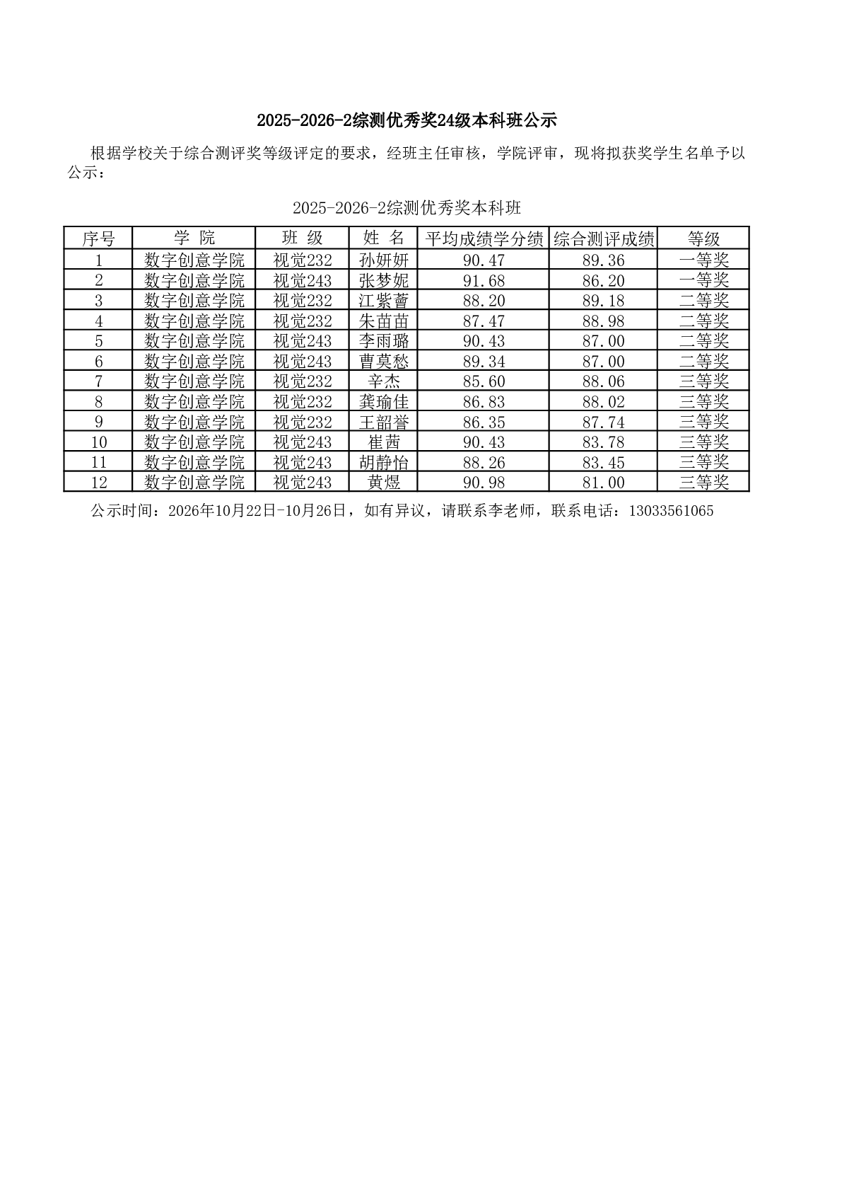 2025-2026-2综测优秀奖24级本科班公示